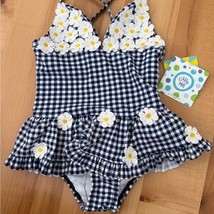 Little Me Navy and White Gingham Daisy One-Piece Swimsuit
